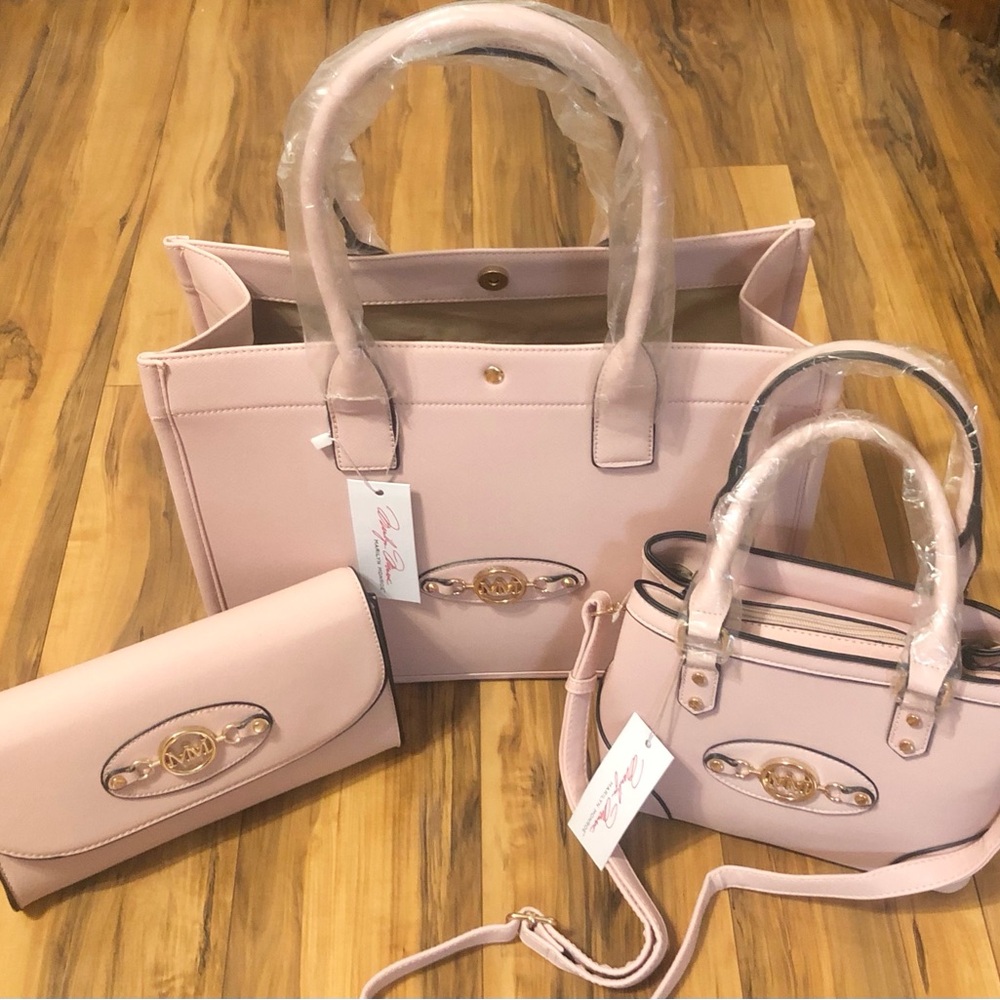 🌹🍃New Marilyn Monroe 3-Piece Pale Pink Leather Large Tote, Satchel & Clutch Set - Picture 3 of 13